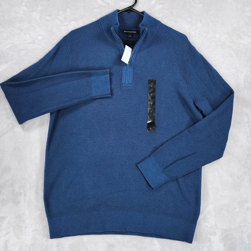 Banana Republic Sweater Mens Large Blue 1/4 Zip Mock Neck Cotton Knit Pullover